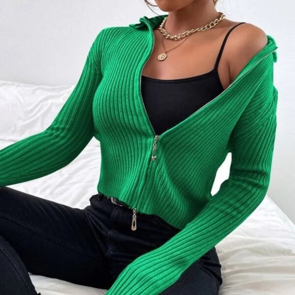 Zip up Front Knit Sweater Cardigan Green - Picture 3 of 10